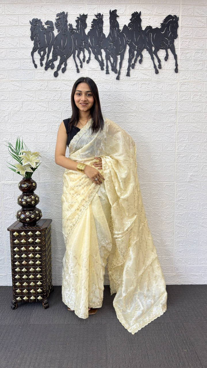 Ivory White Fancy Saree with Elegant Sequins Embroidery Work