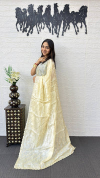 Ivory White Fancy Saree with Elegant Sequins Embroidery Work