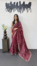 Wine Maroon Fancy Saree with Heavy Embroidery Work & Designer Net Pallu
