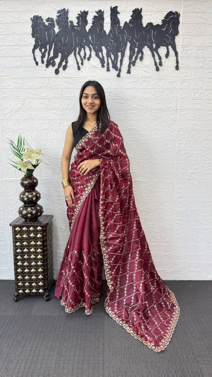 Wine Maroon Fancy Saree with Heavy Embroidery Work & Designer Net Pallu