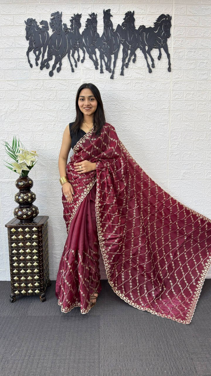 Wine Maroon Fancy Saree with Heavy Embroidery Work & Designer Net Pallu