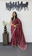 Wine Maroon Fancy Saree with Heavy Embroidery Work & Designer Net Pallu