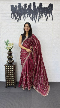 Wine Maroon Fancy Saree with Heavy Embroidery Work & Designer Net Pallu