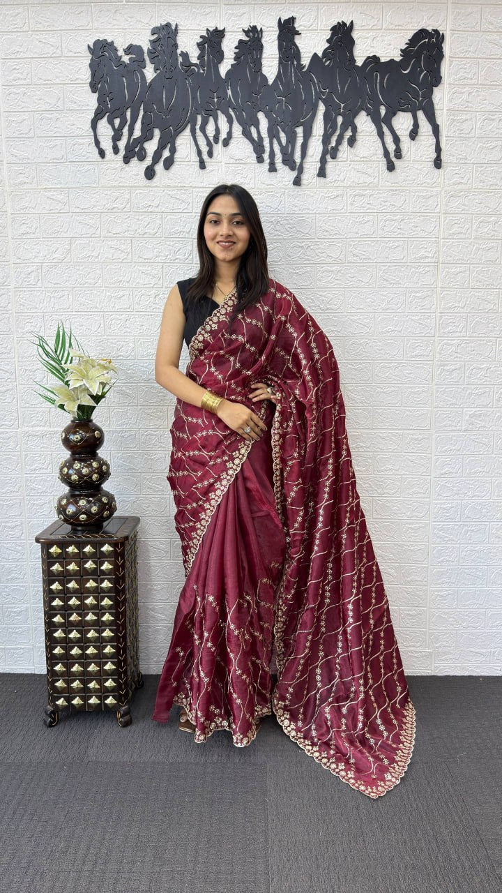 Wine Maroon Fancy Saree with Heavy Embroidery Work & Designer Net Pallu