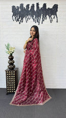 Wine Maroon Fancy Saree with Heavy Embroidery Work & Designer Net Pallu