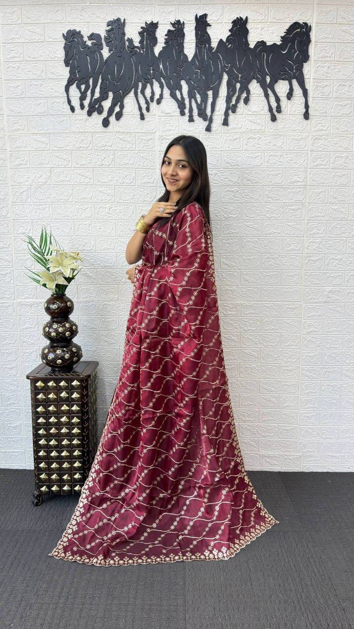Wine Maroon Fancy Saree with Heavy Embroidery Work & Designer Net Pallu