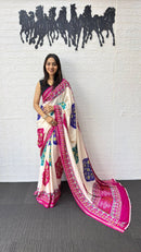 Ivory White Cotton Silk Saree with Patola Inspired Print & Rani Pink Border