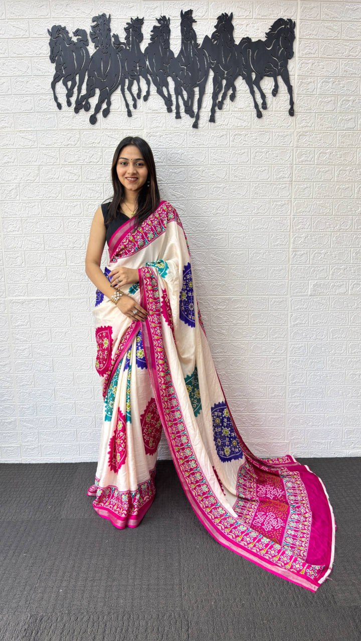 Ivory White Cotton Silk Saree with Patola Inspired Print & Rani Pink Border