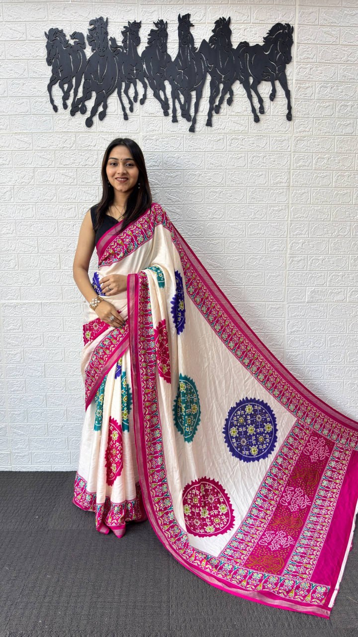 Ivory White Cotton Silk Saree with Patola Inspired Print & Rani Pink Border