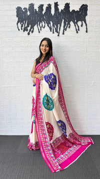 Ivory White Cotton Silk Saree with Patola Inspired Print & Rani Pink Border