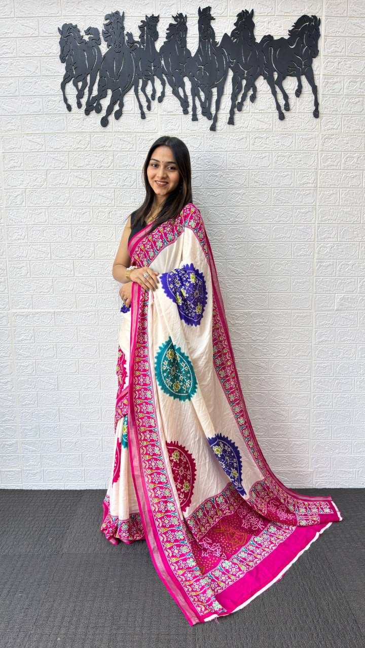 Ivory White Cotton Silk Saree with Patola Inspired Print & Rani Pink Border