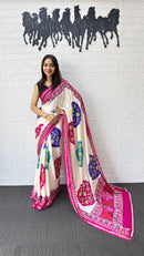 Ivory White Cotton Silk Saree with Patola Inspired Print & Rani Pink Border