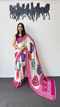 Ivory White Cotton Silk Saree with Patola Inspired Print & Rani Pink Border