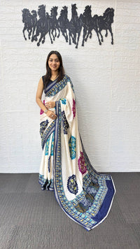 Ivory White Cotton Silk Saree with Patola Inspired Print & Royal Blue Border