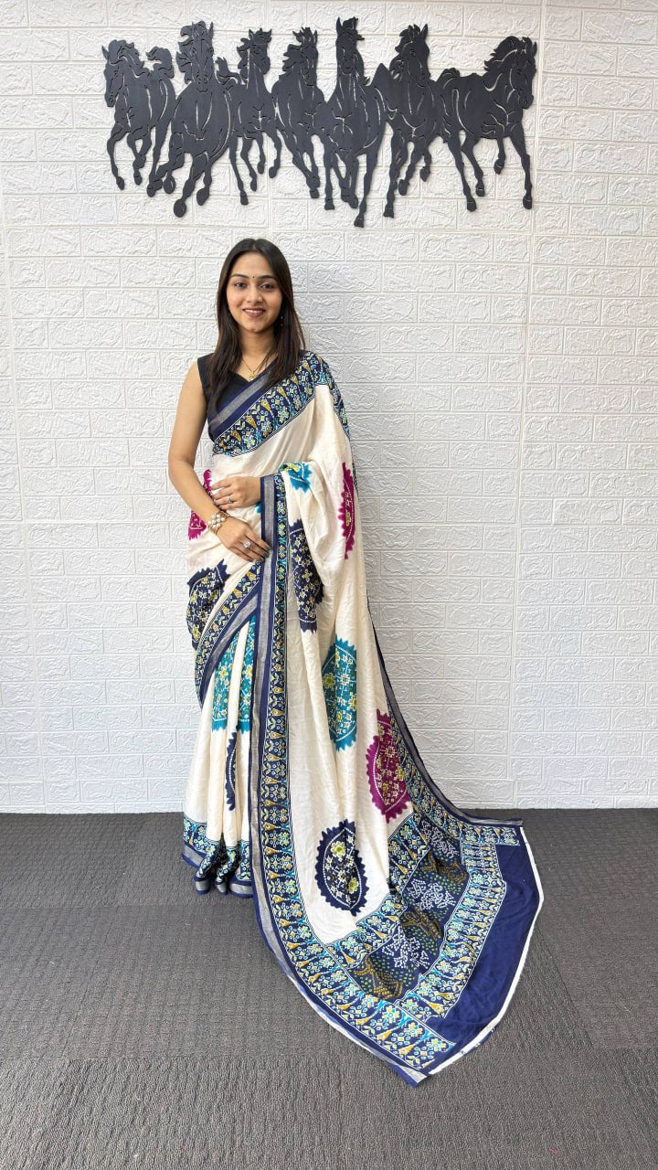 Ivory White Cotton Silk Saree with Patola Inspired Print & Royal Blue Border