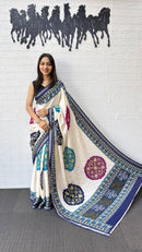 Ivory White Cotton Silk Saree with Patola Inspired Print & Royal Blue Border