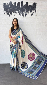 Ivory White Cotton Silk Saree with Patola Inspired Print & Royal Blue Border