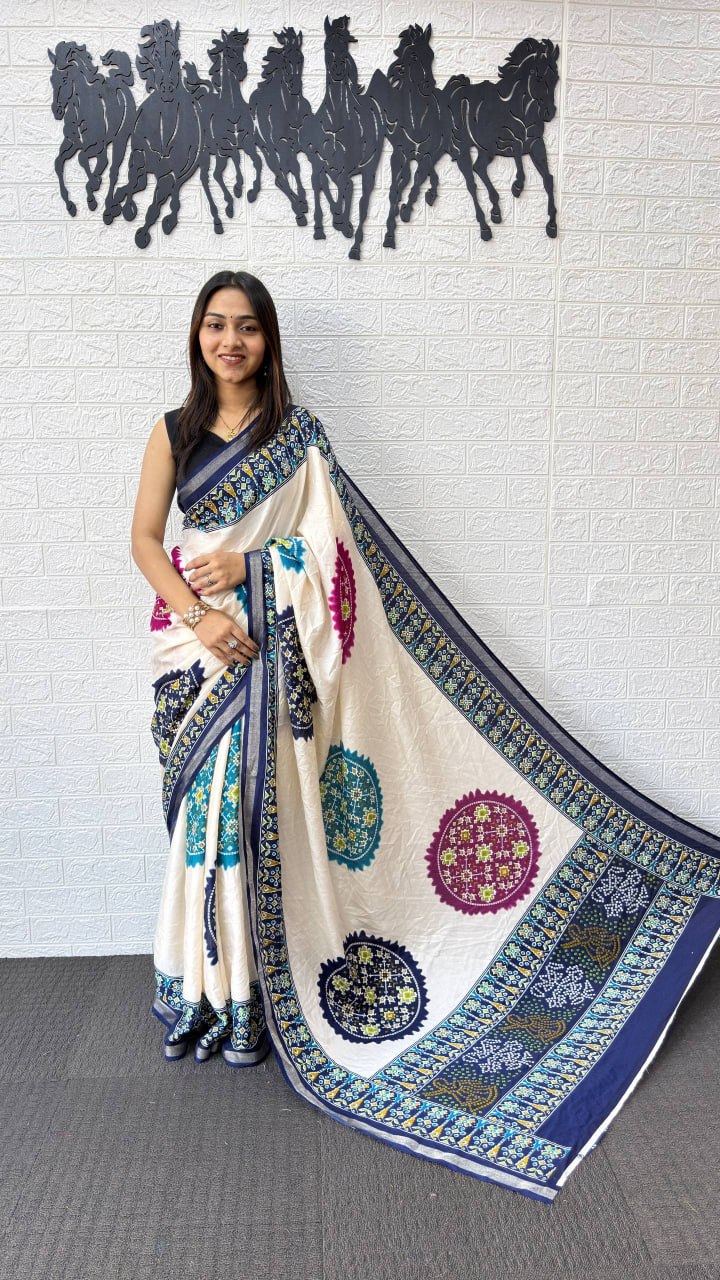Ivory White Cotton Silk Saree with Patola Inspired Print & Royal Blue Border