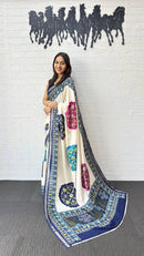 Ivory White Cotton Silk Saree with Patola Inspired Print & Royal Blue Border