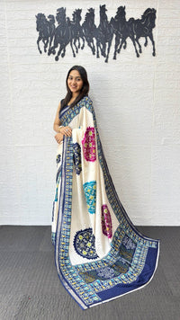 Ivory White Cotton Silk Saree with Patola Inspired Print & Royal Blue Border