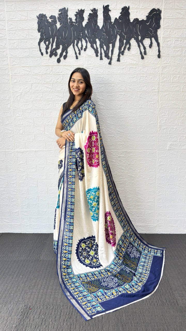 Ivory White Cotton Silk Saree with Patola Inspired Print & Royal Blue Border
