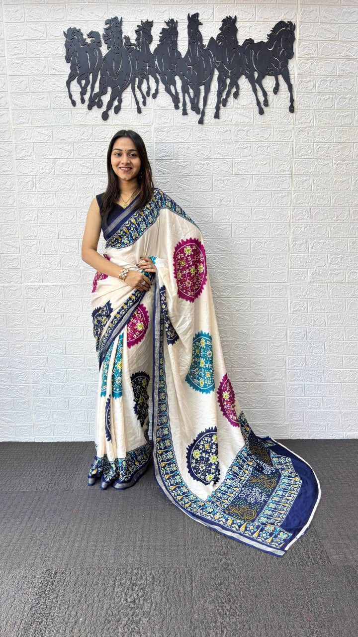 Ivory White Cotton Silk Saree with Patola Inspired Print & Royal Blue Border