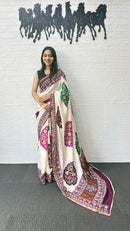 Ivory White Cotton Silk Saree with Patola Inspired Print & Wine Purple Border
