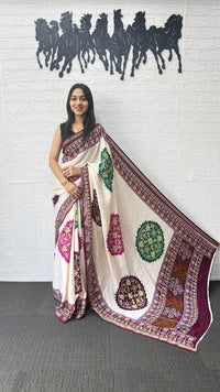 Ivory White Cotton Silk Saree with Patola Inspired Print & Wine Purple Border