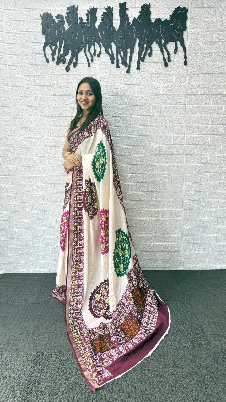 Ivory White Cotton Silk Saree with Patola Inspired Print & Wine Purple Border