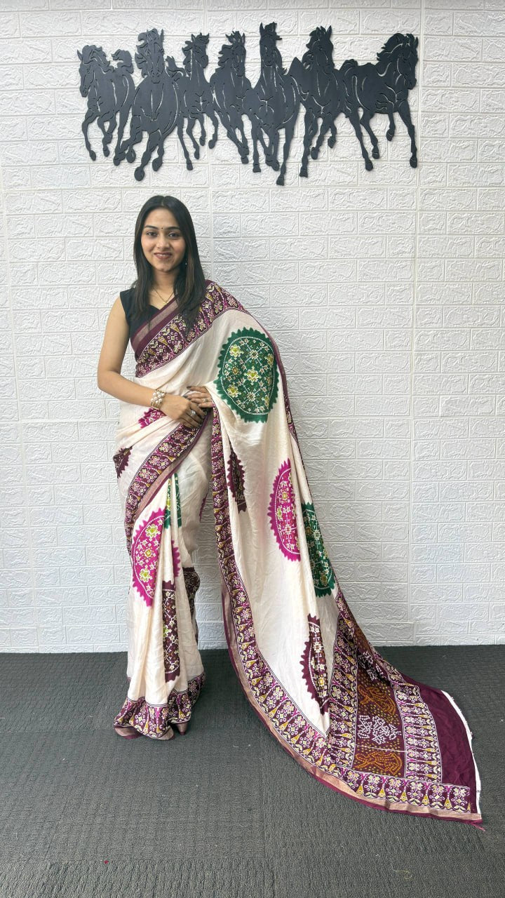 Ivory White Cotton Silk Saree with Patola Inspired Print & Wine Purple Border