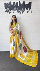 Ivory White Cotton Silk Saree with Traditional Patola Inspired Print & Yellow Border