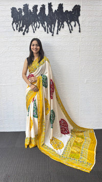Ivory White Cotton Silk Saree with Traditional Patola Inspired Print & Yellow Border