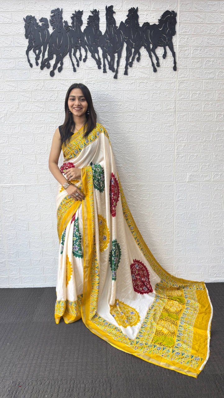 Ivory White Cotton Silk Saree with Traditional Patola Inspired Print & Yellow Border