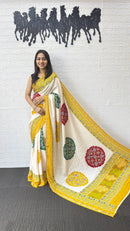 Ivory White Cotton Silk Saree with Traditional Patola Inspired Print & Yellow Border