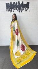Ivory White Cotton Silk Saree with Traditional Patola Inspired Print & Yellow Border