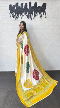 Ivory White Cotton Silk Saree with Traditional Patola Inspired Print & Yellow Border
