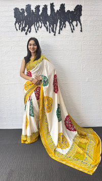 Ivory White Cotton Silk Saree with Traditional Patola Inspired Print & Yellow Border