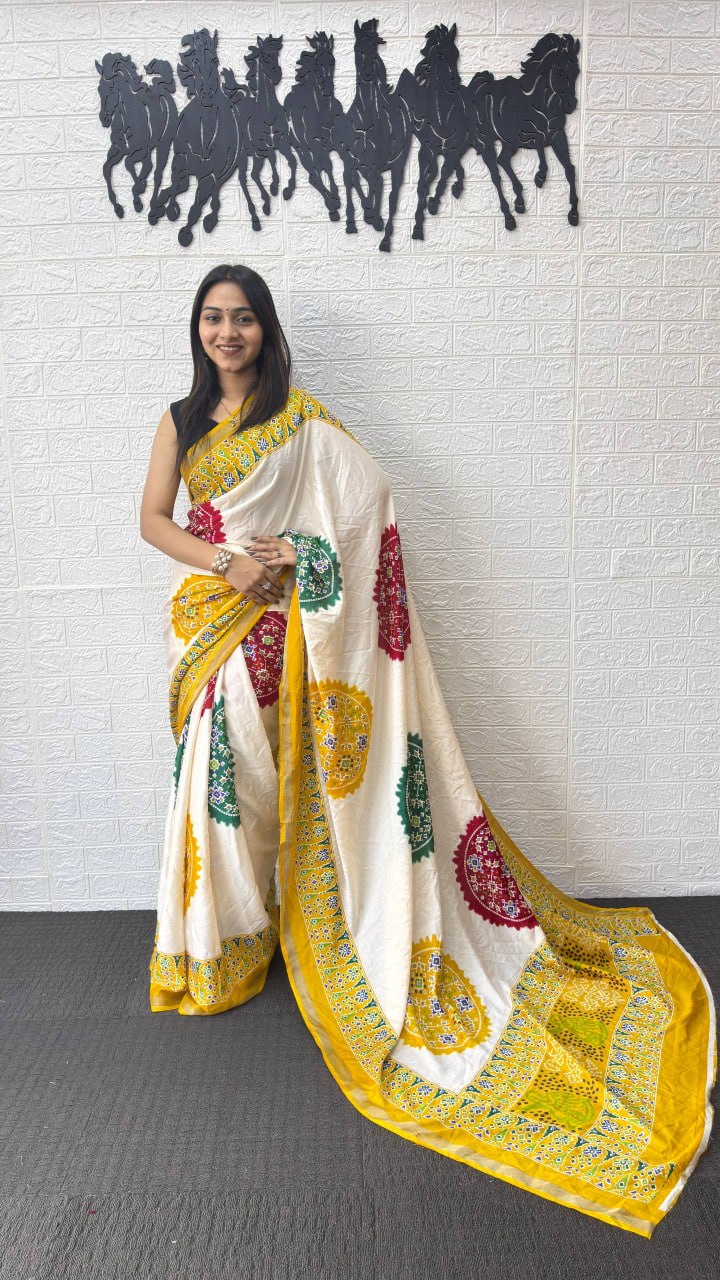 Ivory White Cotton Silk Saree with Traditional Patola Inspired Print & Yellow Border