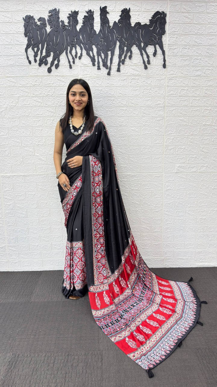 Elegant Black Cotton Saree with Ajrakh Inspired Border & Red Designer Pallu