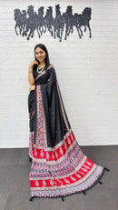 Elegant Black Cotton Saree with Ajrakh Inspired Border & Red Designer Pallu
