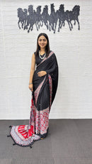 Elegant Black Cotton Saree with Ajrakh Inspired Border & Red Designer Pallu