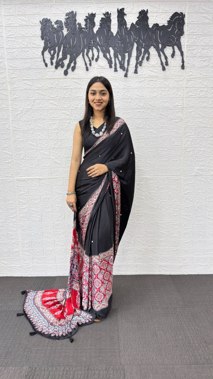 Elegant Black Cotton Saree with Ajrakh Inspired Border & Red Designer Pallu