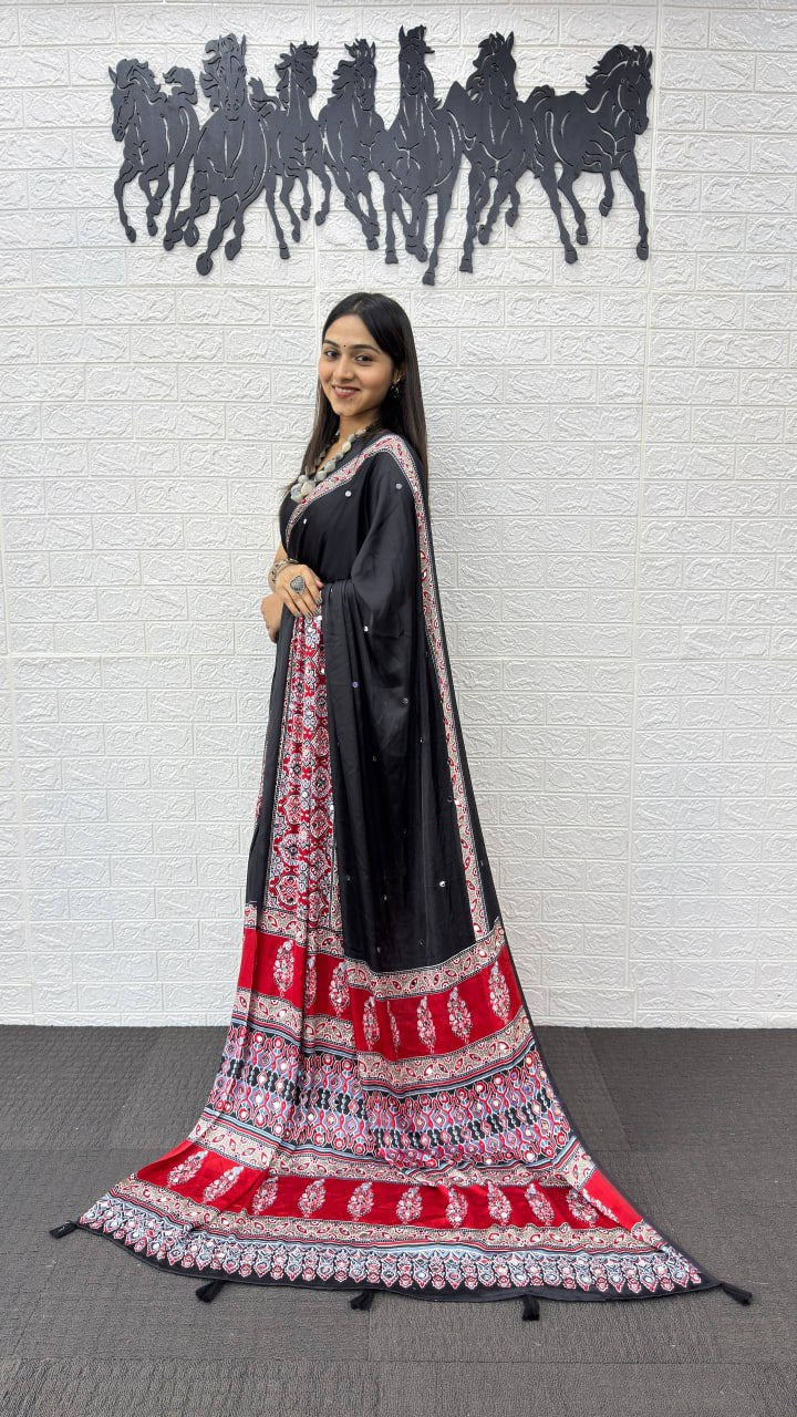 Elegant Black Cotton Saree with Ajrakh Inspired Border & Red Designer Pallu