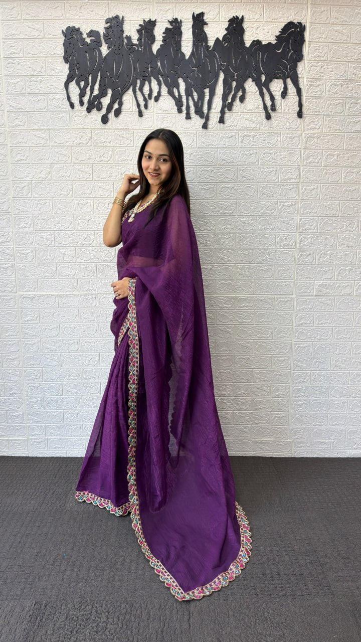 Royal Purple Fancy Saree with Designer Embroidery Work Border