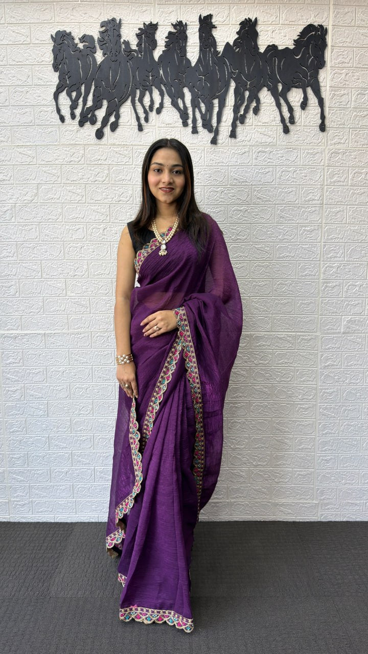 Royal Purple Fancy Saree with Designer Embroidery Work Border