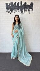 Powder Blue Fancy Saree with Designer Embroidery Work Border