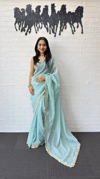 Powder Blue Fancy Saree with Designer Embroidery Work Border