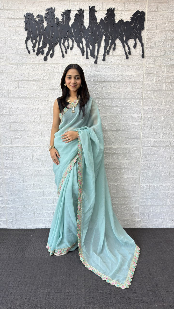 Powder Blue Fancy Saree with Designer Embroidery Work Border