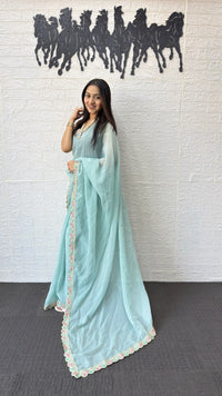 Powder Blue Fancy Saree with Designer Embroidery Work Border