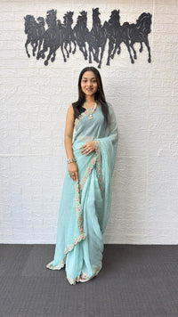Powder Blue Fancy Saree with Designer Embroidery Work Border
